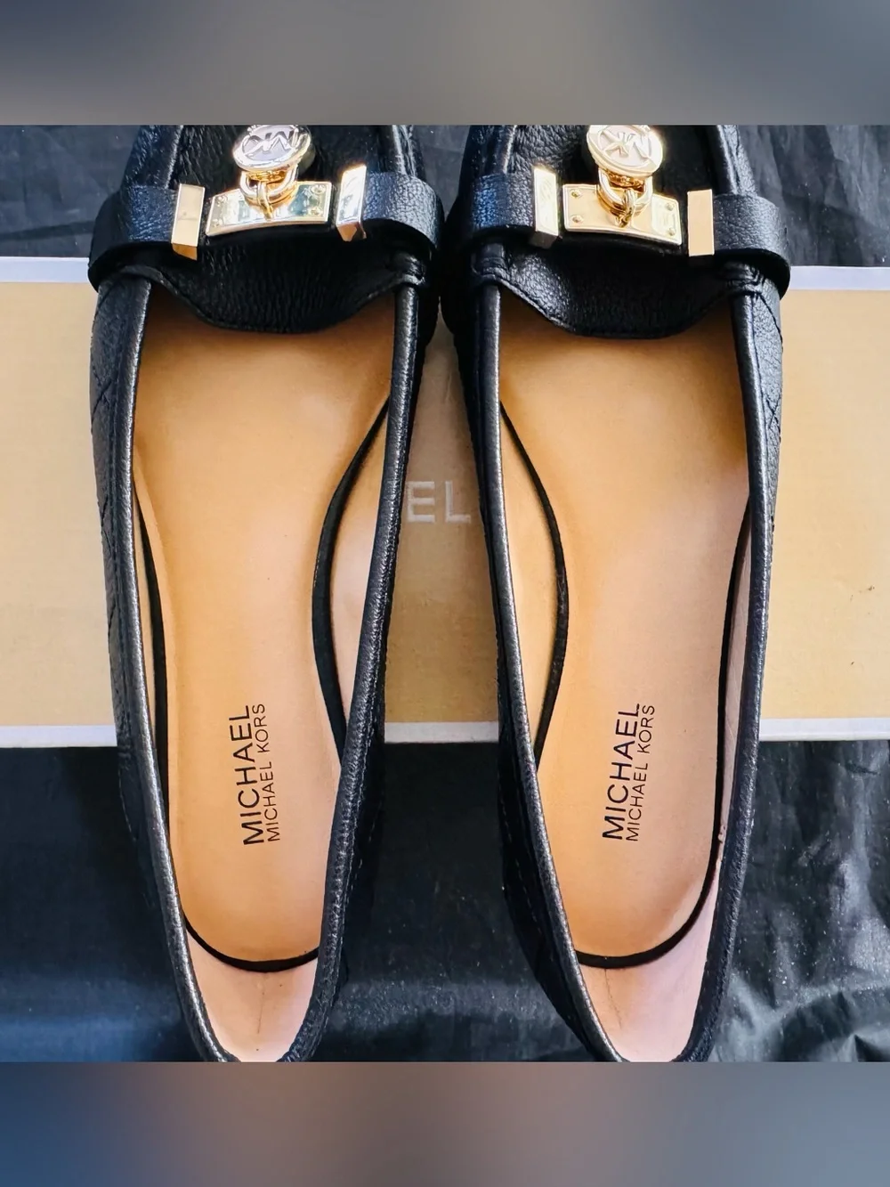 Michael Kors Black Leather Flat with Gold Buckle Accent